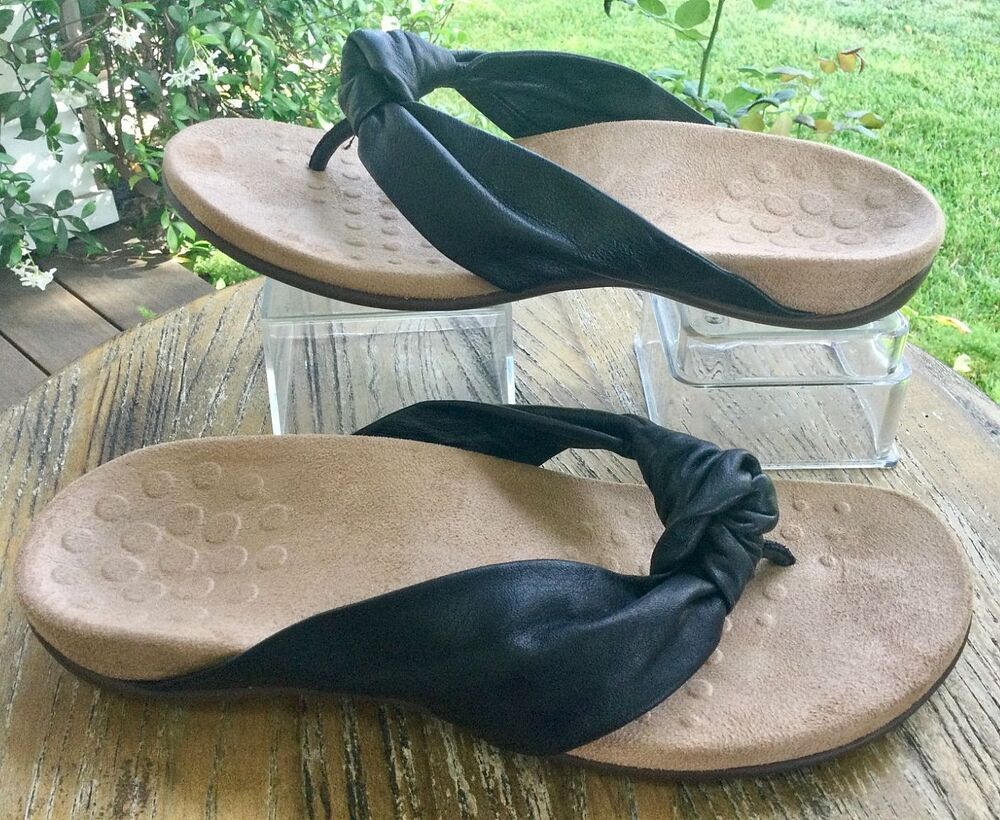 Vionic Pippa Womens 7 Black Leather Sandals Thongs Flip Flops Knot Soft Comfort